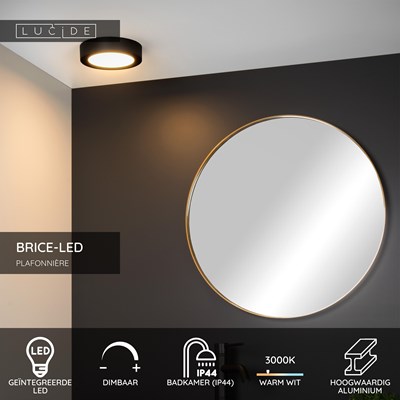 Lucide BRICE-LED - Plafonnière Badkamer - Ø 18 cm - LED Dimb. - 1x12W 3000K - IP44 - Zwart